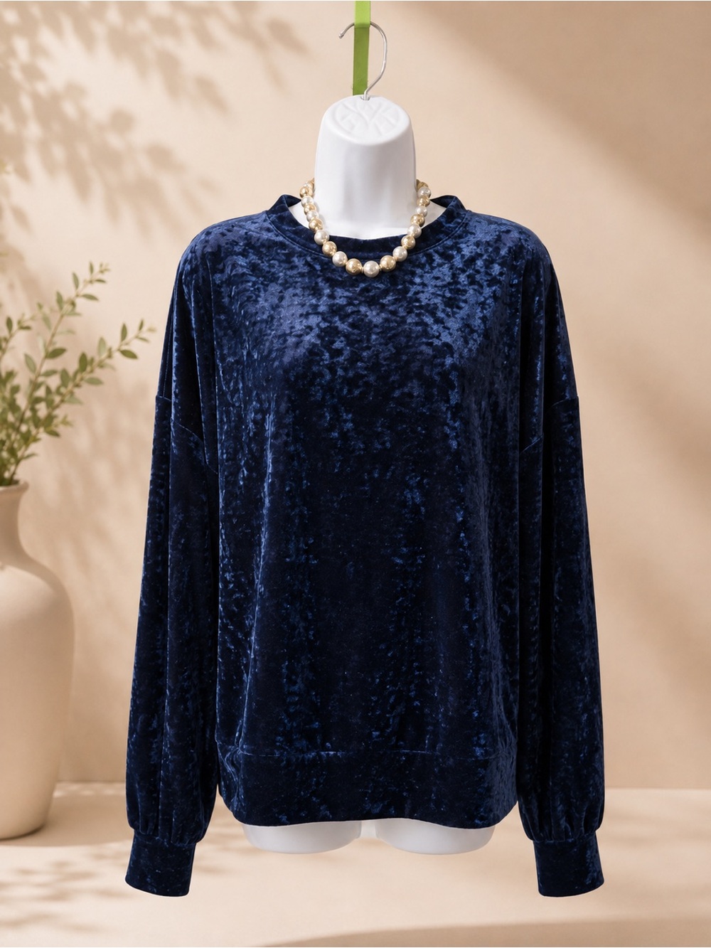 Crushed Velvet Crewneck Pullover Sweater - Navy